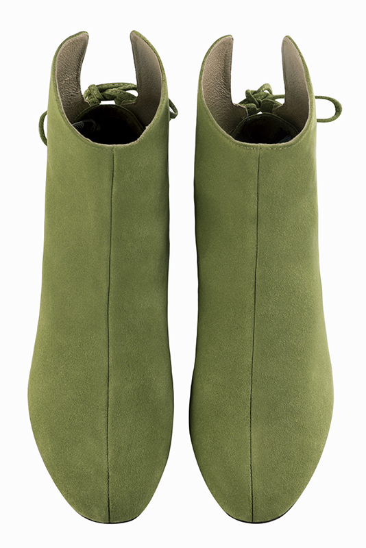 Pistachio green women's ankle boots with laces at the back. Round toe. Flat block heels. Top view - Florence KOOIJMAN